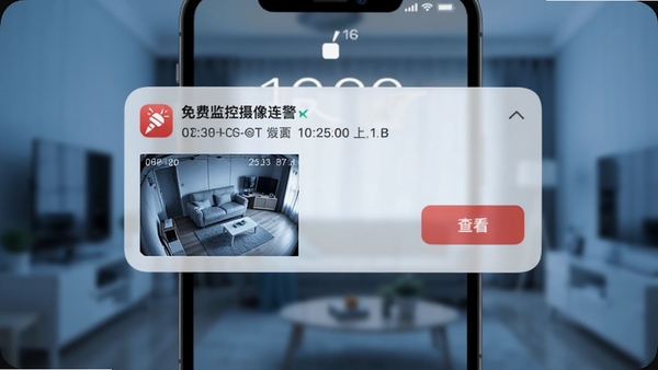 手机锁屏界面显示一条来自免费监控摄像连的报警推送通知，通知包含监控画面缩略图和“查看”按钮，背景为模糊的室内环境，画面色调偏冷，突出安防预警的及时性，细节包括推送时间戳和APP图标
