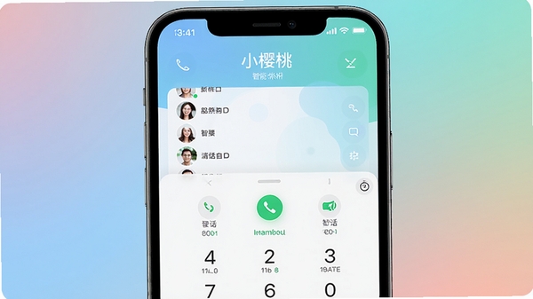 小樱桃电话软件主界面预览图，展示其简洁的拨号键盘与智能联系人分组列表，背景为柔和的渐变色，整体风格现代且清爽，突出通话管理核心功能，画面中心为手机屏幕展示界面细节。
