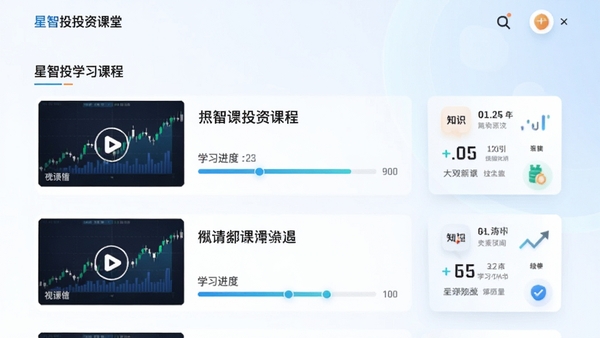 星智投投资课堂页面，展示课程列表，包含视频课程封面、标题、学习进度条，风格简洁明快，有金融图表和知识卡片元素，整体色调明亮，突出教育学习氛围