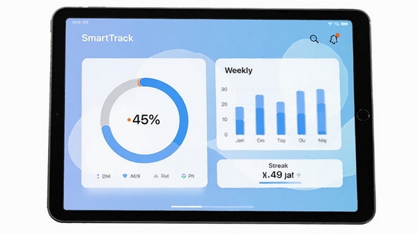 A clean dashboard screen of the SmartTrack app displayed on a tablet, featuring circular completion charts, weekly bar graphs and a streak counter, soft gradient blue background, modern UI, no text, data visualization style