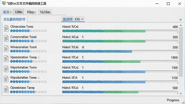 飞梭txt文本文件编码转换工具批量转换操作截图，界面中显示多个文件正在转换，进度条清晰展示转换状态，背景为浅灰色，突出软件的高效性