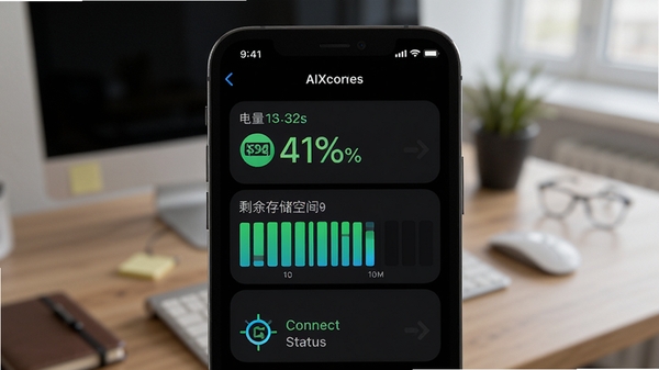 AIXcore软件功能展示图,手机屏幕中清晰显示手表电量百分比、剩余存储空间条形图以及连接状态图标,背景为模糊处理的办公桌面,突出手机界面的清晰度,界面采用深色模式,数据以绿色和蓝色高亮显示,整体风格简洁直观,符合科技类软件配图需求。