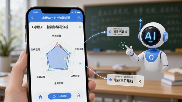 小猿AI一对一智能诊断功能界面展示，手机屏幕上显示着雷达图形式的知识点掌握情况分析，包含代数运算、几何证明、函数图像等模块，旁边有AI助手用线条连接薄弱点并给出推荐学习路线，背景虚化处理，突出数据可视化和智能规划的特点