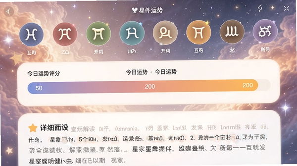 星象软件星座运势页面设计图，顶部为十二星座图标，中部为今日运势评分条，底部为详细文字解读，背景为柔和星云图案，色彩温馨明亮