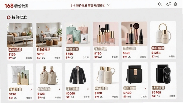 168特价批发商品分类展示界面，屏幕内呈现多个商品缩略图网格，包含家居、百货、美妆等品类，每个商品图片下方标注价格与销量，背景为浅灰色，界面清晰美观，突出特价批发主题