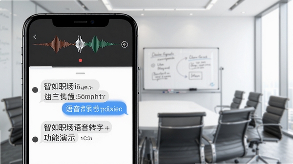 智如职场语音转文字功能演示,手机屏幕上显示一段对话形式的文字记录,顶部有录音波形动画,背景为会议室场景,有白板和座椅,画面主体为手机界面特写,风格清晰明亮