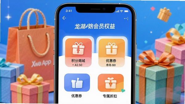 龙湖APP会员权益页面展示，手机屏幕显示积分商城、优惠券、专属折扣等图标，背景是购物袋和礼品盒，色彩明快，突出会员专属福利的丰富性。