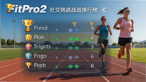 FitPro2 社交挑战排行榜，显示好友步数排名，界面有奖杯图标，背景为户外跑道，人物在跑步，画面充满活力