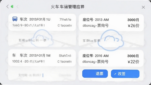 火车票查询购票应用订单管理界面,显示已支付订单列表,每张卡片包含车次、日期、座位号、票价信息,底部有退票和改签按钮,背景为浅灰色,卡片呈白色圆角设计,整体风格清爽整洁,突出云端同步概念