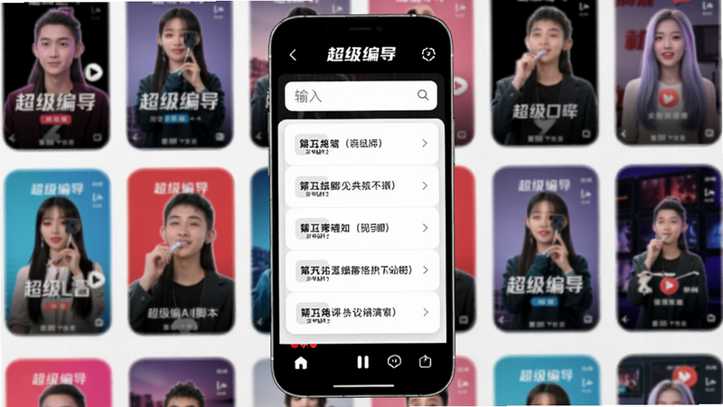 超级编导AI脚本生成功能演示，手机屏幕上显示输入框和生成的多段脚本列表，背景有各种短视频封面缩略图，整体风格明亮清爽，突出“超级编导”品牌名