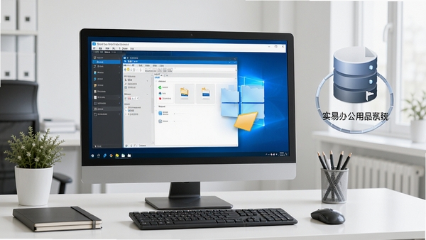 实易办公用品管理系统运行环境示意图,展示软件在Windows电脑桌面运行的场景,包含软件窗口和后台数据库文件图标,背景为整洁的办公桌面,风格清晰写实