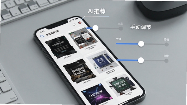 文字界域智能排版引擎功能展示，手机屏幕中显示多种自动生成的排版方案缩略图，背景为浅灰色工作台，画面重点突出AI推荐与手动调节滑块