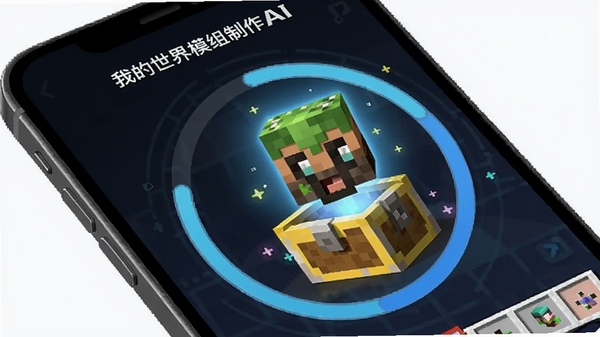 A smartphone exporting a glowing Minecraft mod package icon into a pixel treasure chest, a circular progress ring, clean futuristic UI, the text 