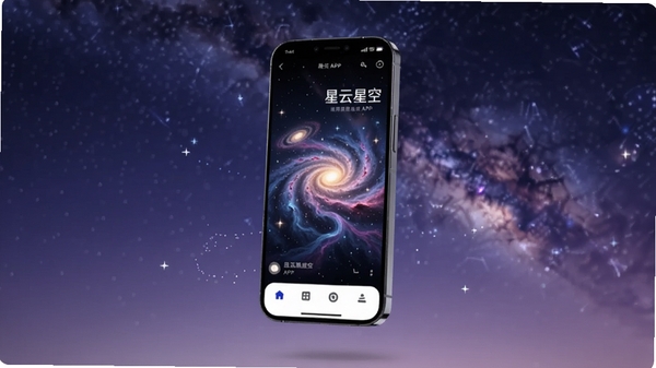 画面中央是一台悬浮在深邃宇宙背景中的智能手机，屏幕中正运行着星云星空APP，显示着璀璨的立体星系与流动的星云特效。手机周围环绕着微弱的星光粒子，背景是渐变色的紫蓝色星空，远处有隐约的银河拱桥，整体画面通透神秘，突出软件核心全貌，必须包含星云星空字样。