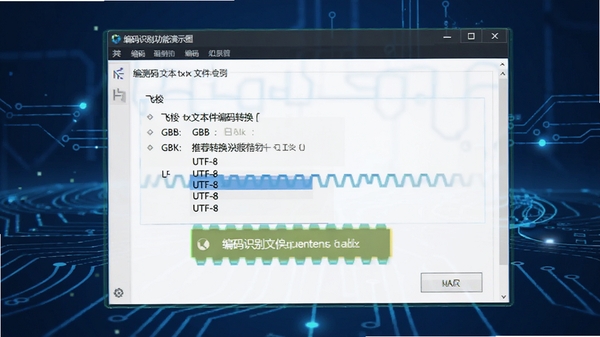 飞梭txt文本文件编码转换工具编码识别功能演示图，画面显示软件自动检测到文件编码为GBK，并推荐转换为UTF-8，界面有高亮提示，背景为科技感蓝色