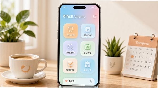 现代简约风格的应用主界面展示，手机屏幕中央显示熙怡生活的功能模块图标，背景为柔和的渐变色，搭配温馨的生活场景元素，如咖啡杯、绿植和日历，整体色调明亮清新，突出生活服务的主题，竖版构图，UI设计感强，细节丰富，适配移动端展示。