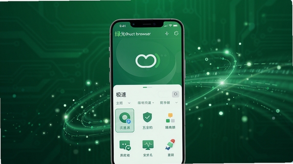 绿光浏览器官方版下载安装主界面，画面中央是一部现代智能手机展示绿光浏览器极简主页，背景采用渐变的深绿色科技光效，周围环绕着高速数据流与轻盈的光点，营造出快速、安全、清爽的视觉氛围，突出浏览器核心的极速与纯净特性