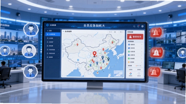 全员应急软件主界面预览图，画面中央显示应急指挥大屏，周围环绕人员定位图标与警报按钮，背景为城市安全监控中心，蓝白科技感色调，界面清晰直观，适配Boogu模型生成