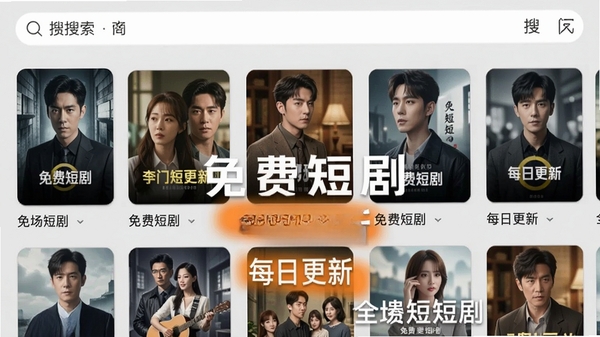 生成一张展示全场免费短剧全应用内短剧分类列表的截图，顶部有搜索栏，下方为各类剧集封面缩略图，背景为纯色浅灰，突出“免费短剧”和“每日更新”字样，界面干净整齐