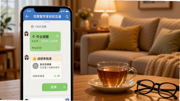 优教智学家校互通界面，手机屏幕显示与老师的聊天窗口，包含作业提醒卡片和成绩单推送，旁边放着一杯茶和眼镜，背景为温馨的家庭客厅，暖光氛围，界面柔和