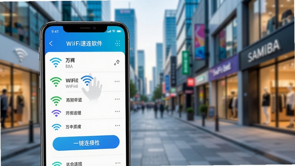 万能WiFi速连软件主界面，展示附近WiFi列表与一键连接按钮，背景为现代城市街道与商铺，前景为手机屏幕特写，界面清晰明亮，体现便捷与高效，风格写实且色彩饱满