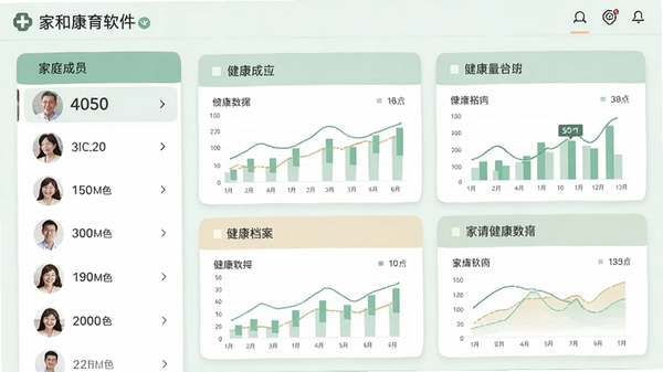 家和康育软件多成员健康档案界面截图,展示家庭成员列表和各自的健康数据卡片,背景为淡绿色医疗风格,数据图表清晰,卡片布局整齐,色彩柔和,体现专业与温馨的结合。