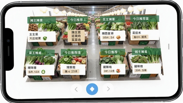 来捞个菜应用内实景逛菜场功能截图，手机屏幕上显示菜市场内部摊位分布图，每个摊位标注摊主姓名和今日推荐菜，画面下方有导航按钮，风格写实，界面清爽