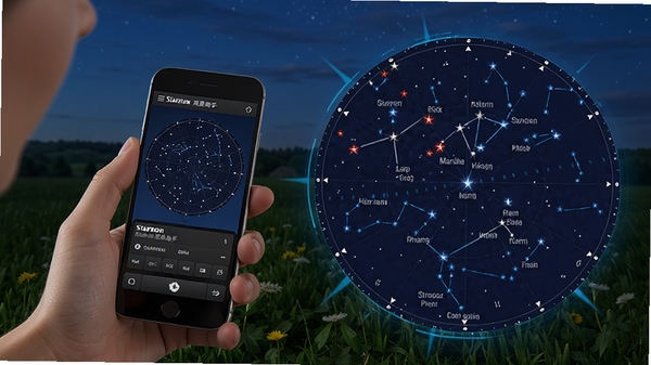 星特朗观星助手主界面，展示手机屏幕上的动态星图，背景是夜晚的户外草地，用户手持手机对准天空，屏幕中显示星座连线与星体名称，画面整体呈深蓝色调，带有科技感的光效，人物位于画面左侧，星图占据右侧主体，风格写实且明亮
