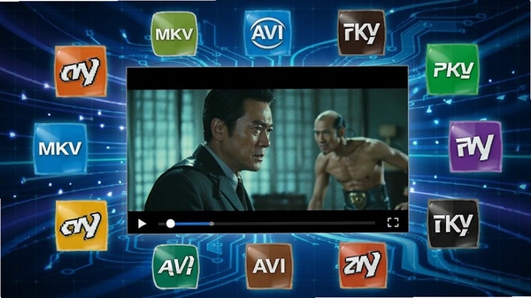 天际视频播放多种格式视频的画面，屏幕上显示MKV、AVI等格式图标环绕，中心是高清电影画面，色彩鲜艳，背景为科技感光影效果，突出万能解码特性