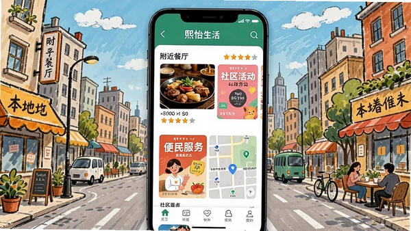 手机应用界面展示熙怡生活的本地生活推荐页面，包含附近餐厅评分、社区活动海报和便民服务点地图，背景是手绘风格的城市街景，色彩活泼丰富，体现本地化服务的多样性，竖版构图，信息层级分明，细节丰富，适合移动端展示。