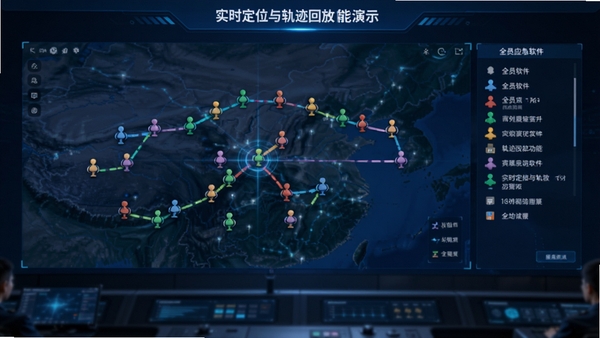 全员应急软件实时定位与轨迹回放功能演示，地图上显示多个彩色人员图标与行动轨迹线，右侧有图例说明，背景为指挥中心大屏，深蓝色科技风格，适配Boogu模型生成