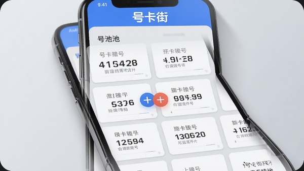 号卡街在线选号功能截图，手机屏幕显示号码池与筛选条件，背景为浅灰色，号码以卡片形式排列，中间有对比图标，整体界面清晰，突出“号卡街”品牌，色调以蓝白灰为主，光影层次分明，细节丰富