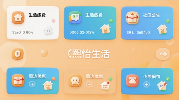 熙怡生活app主界面预览图，展示首页功能卡片布局，包含生活缴费、社区公告、周边优惠等模块，背景为温馨的浅橙色渐变，整体风格简洁现代，图标圆润立体，中心位置显示“熙怡生活”logo，画面明亮清晰，适配移动端竖屏展示