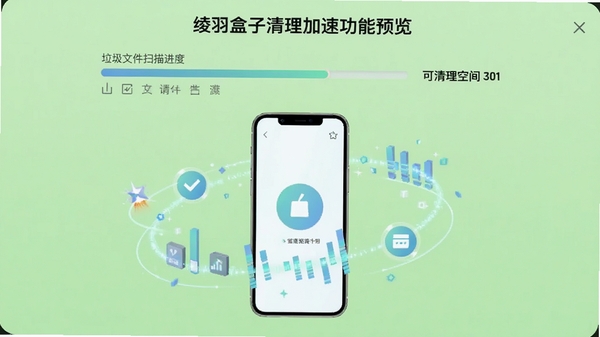 绫羽盒子清理加速功能预览，界面显示垃圾文件扫描进度条与可清理空间数值，背景为清爽的浅绿色，画面中央有手机模型，旁边环绕数据清理动画特效，风格科技且简洁。
