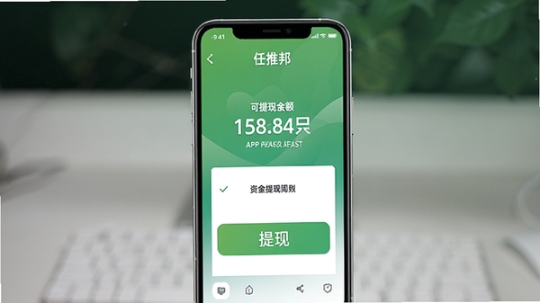 任推邦APP收益提现界面示意，手机屏幕展示可提现余额数字与醒目的提现按钮，背景为简洁的绿色渐变，象征安全与资金到账的喜悦，整体风格清爽直观