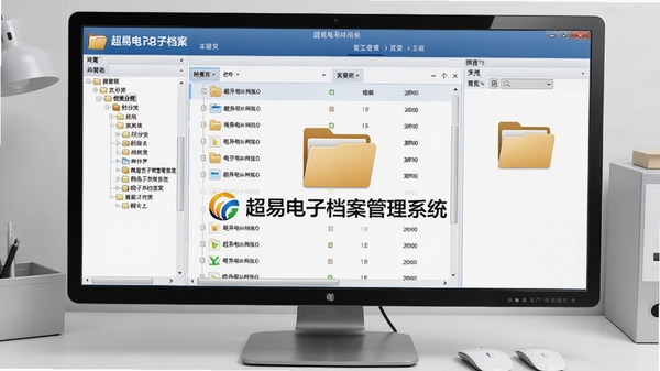 超易电子档案管理系统主界面预览,展示左侧档案分类树形结构、中间档案列表区域及右侧预览面板,整体风格简洁商务,背景为浅灰色工作台,屏幕中显示软件名称“超易电子档案管理系统”的logo和档案文件夹图标,画面清晰明亮,细节丰富,适合软件官网展示