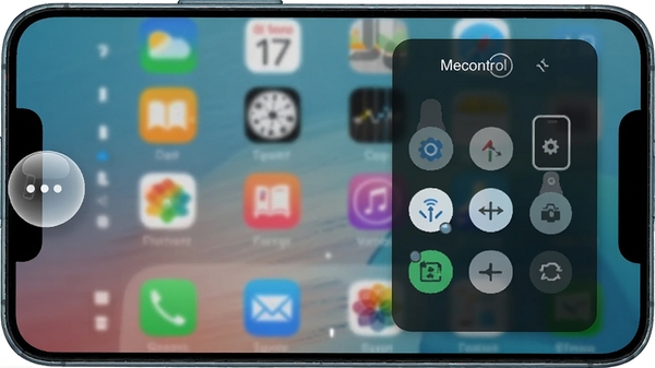 Mecontrol悬浮球快捷操控，手机屏幕边缘显示半透明悬浮球，点击展开遥控面板，背景为手机主界面，简洁风格，高清截图风格