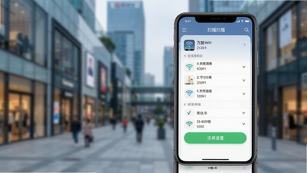 万能WiFi速连软件主界面预览图，展示手机屏幕上的WiFi列表扫描结果，背景为模糊的现代城市商圈，画面主体突出APP图标与连接按钮，风格写实清晰