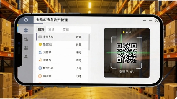 全员应急软件物资管理界面，手机屏幕显示物资列表与二维码扫描框，背景为仓库货架，暖黄色灯光，界面清晰标注物资名称与数量，适配Boogu模型生成