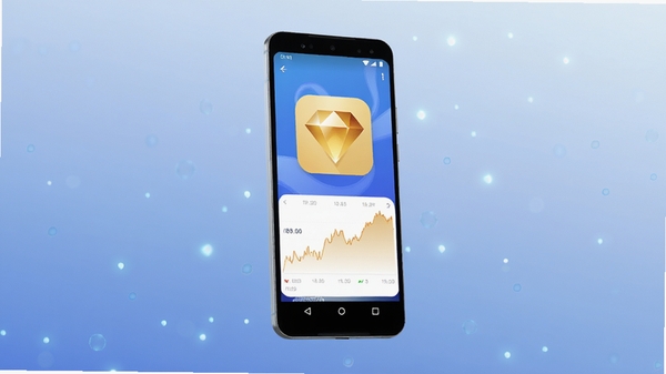 A clean Android phone floating in the center, screen showing the 金钻 app with golden diamond logo and gold price chart, soft blue gradient background with light particles, centered subject occupying the middle 60 percent of the frame, Boogu style, high detail