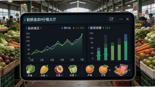轻桥连农APP行情大厅界面，展示折线图与柱状图数据，屏幕上有各类蔬菜水果图标和涨跌箭头，背景为农产品交易市场实拍，画面清晰直观，体现数据实时性与交易便利性，比例为16:9，适合Boogu模型生成。