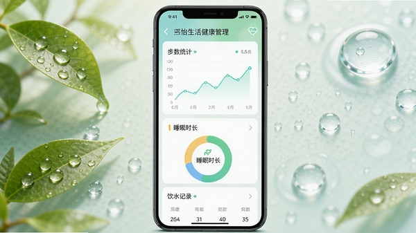 熙怡生活健康管理功能界面，展示步数统计折线图、睡眠时长环形图和饮水记录表，背景为清新的自然元素，如绿叶和水滴，色调淡雅舒适，突出健康监测的可靠，竖版构图，数据可视化清晰，细节精致，适合移动端展示。