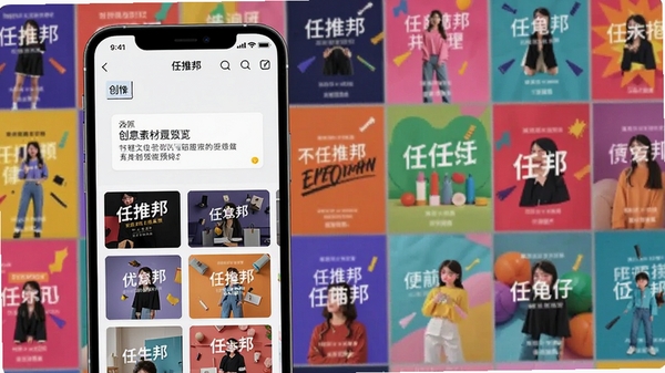 任推邦APP素材库功能预览，手机界面展示创意文案编辑框与多张精美的宣传图片素材缩略图，背景为五彩斑斓的营销海报墙，画面色彩丰富，展现内容创作的多样性与便捷性
