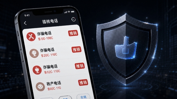 小樱桃电话智能拦截功能示意图，手机屏幕显示被拦截的骚扰电话列表，每个条目带有“诈骗电话”或“推销”的红色标签，背景为深色防护盾牌图形，突出安全守护的视觉效果。