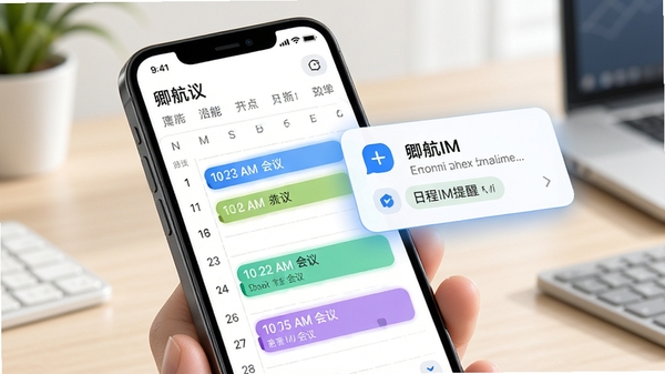 展示卿航IM的日程提醒功能,手机日历界面上标注了多个会议时间,旁边有悬浮的提醒卡片,整体色调明亮,突出智能管理的特点。