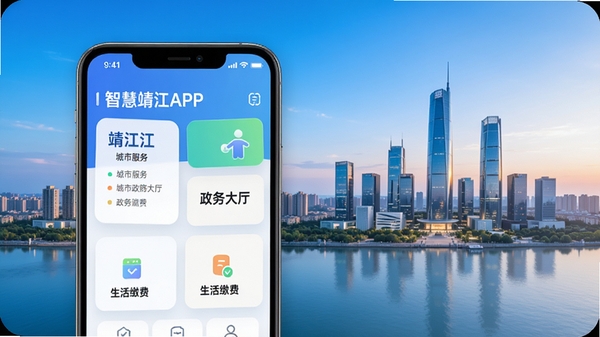 智慧靖江APP主界面展示,手机屏幕中显示城市服务、政务大厅、生活缴费等功能模块,背景为靖江市城市天际线,色彩明亮,现代感强,整体风格简洁大气,适配Boogu模型生成