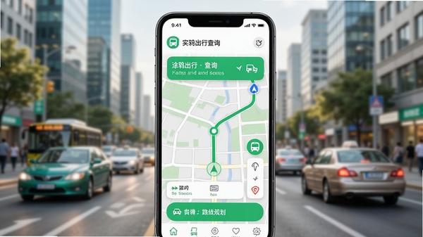涂鸦出行应用主界面预览图,展示实时公交查询与路线规划功能,画面中央为手机界面,背景为模糊的城市街景,整体风格清新明亮,突出导航地图与绿色出行元素