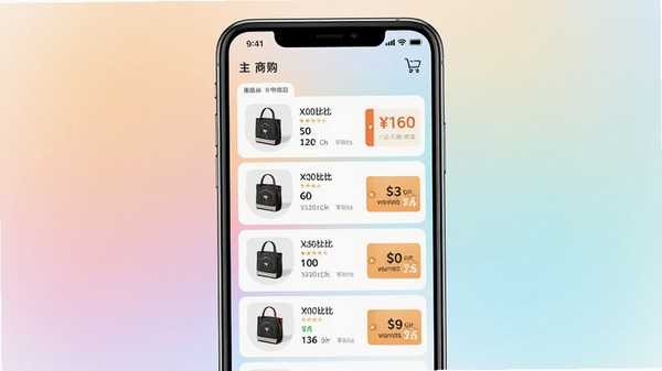 看购软件主界面预览图,手机屏幕显示商品比价列表和优惠券标签,背景为柔和渐变色,界面简洁现代,购物车图标点缀,整体明亮清晰,适配竖屏展示