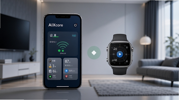 AIXcore智能手表管理工具主界面预览图,画面中央展示手机与智能手表无线连接状态,背景为现代简约风格的智能家居环境,整体色调以深蓝和银灰为主,突出科技感与专业感,界面元素包括设备电量、存储空间、应用列表等卡片式布局,光线柔和,细节丰富,适合软件下载站首图展示。