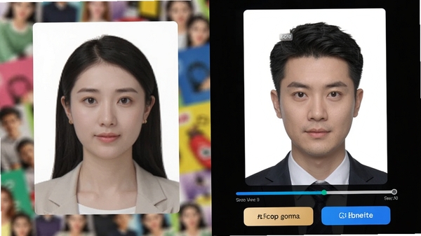 智慧证件照人像抠图功能演示，左侧为原始照片背景杂乱，右侧为处理后的证件照，人物边缘平滑，背景为纯白色，界面显示处理进度条，操作按钮清晰可见，展示AI抠图的强大效果